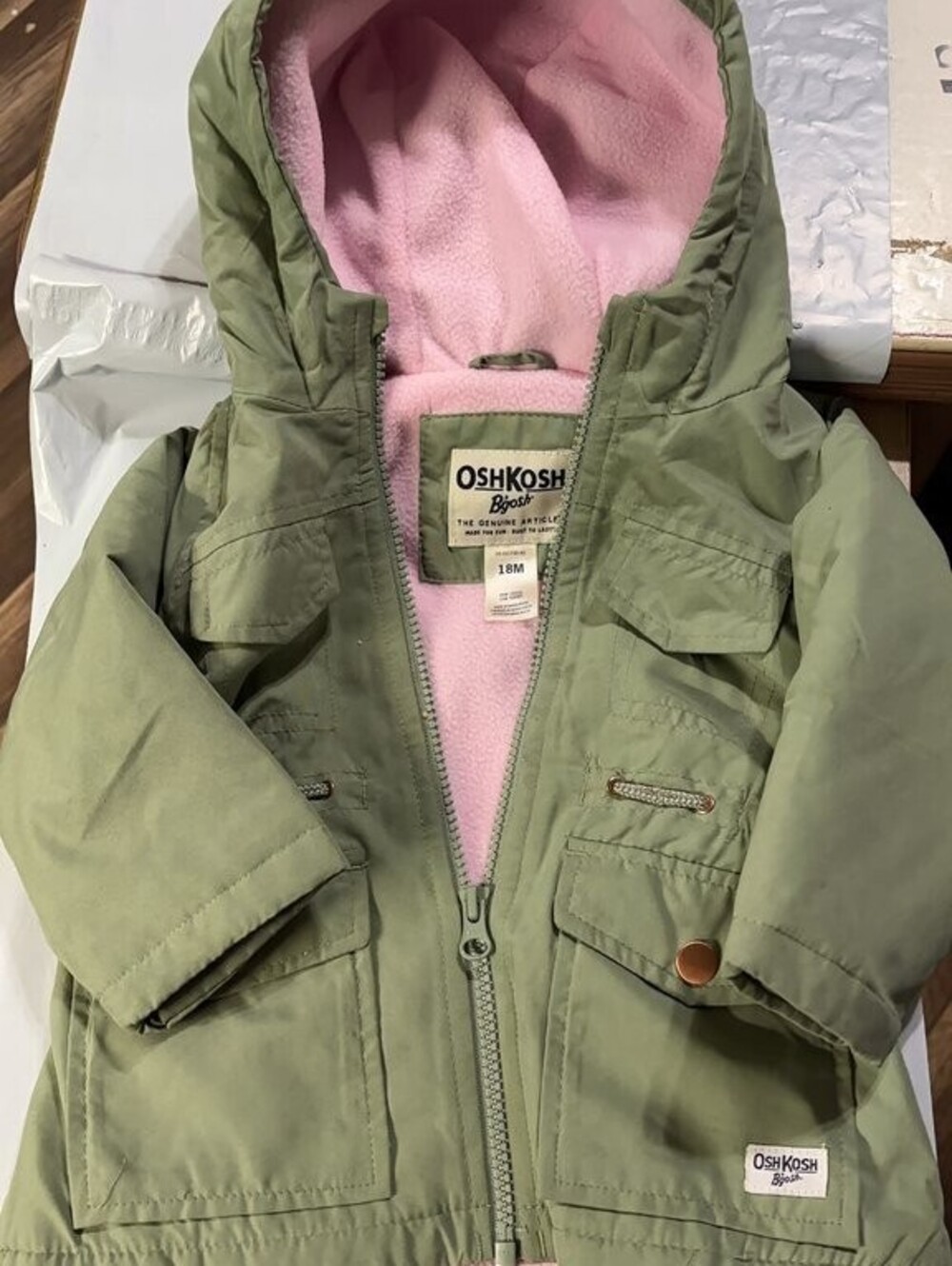 OshKosh B'gosh Infant Green Hooded Jacket with Pink Fleece Lining 18 months size